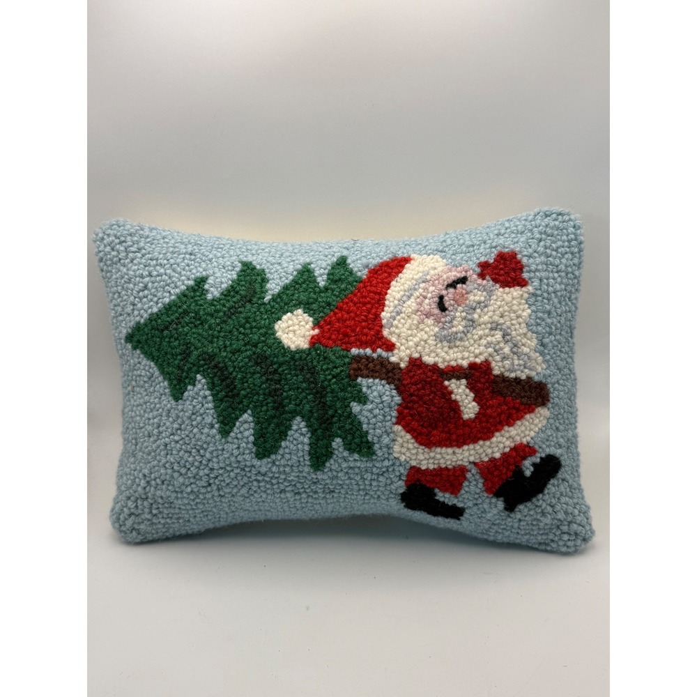 Peking Handicraft Santa with Tree Hooked Wool Pillow Blue 8x12 31AV197C12OB NEW